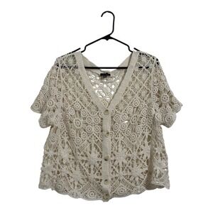 Zenobia Cream Cotton Crochet Short Sleeve Button Cardigan Top Women's Size 3XL